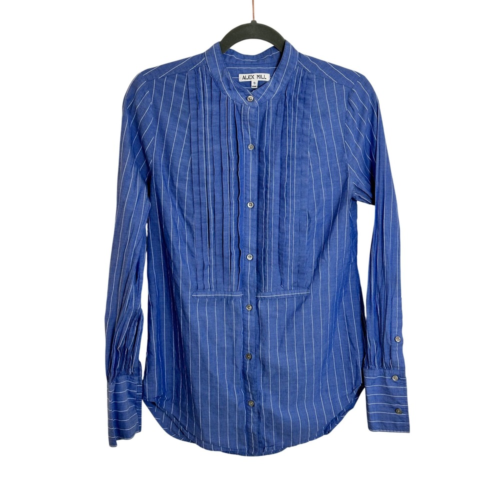 Alex Mill Button Up Shirt Top Size S Blue White Stripe Pintuck Bib Band Collar
